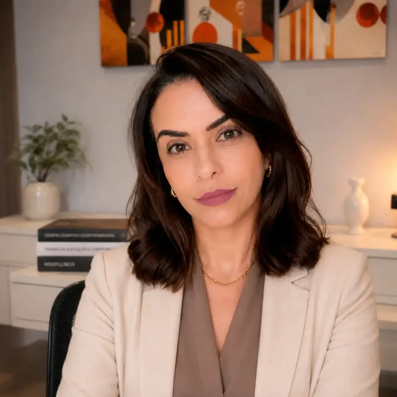 Roberta Melo de blazer bege em seu consultório, com livros e quadros ao fundo