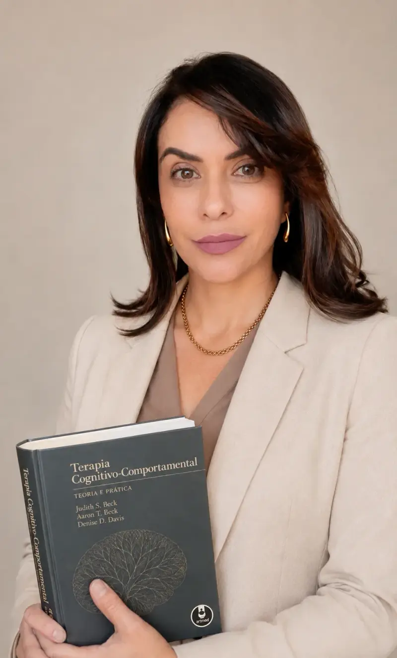 Roberta Melo segurando um livro de Terapia Cognitivo-Comportamental