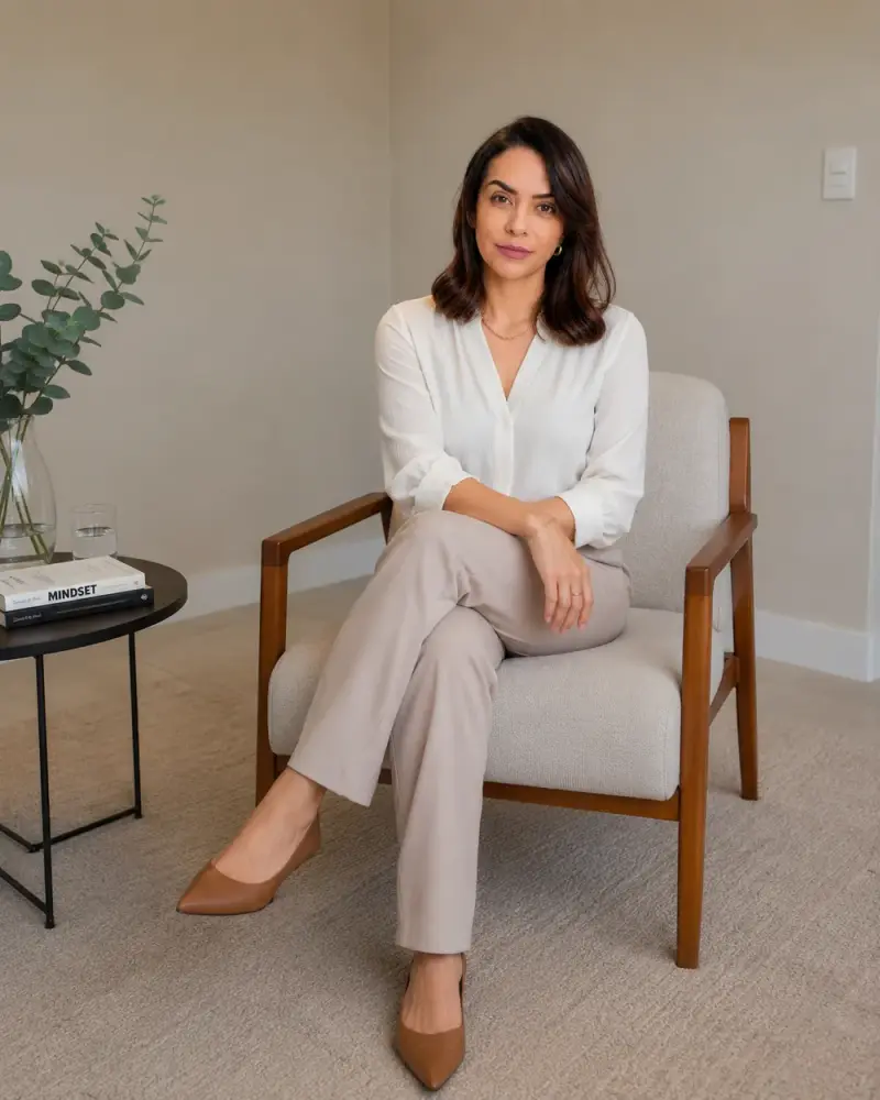 Roberta Melo sentada em uma poltrona, em ambiente claro e acolhedor